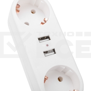 Двойник электрический линейный 16 А с заземлением + 2 USB-порта, 2,4 А, белый Rexant