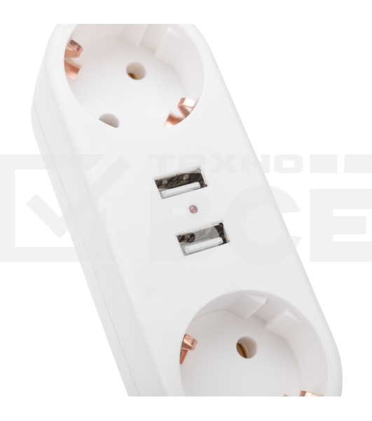 Двойник электрический линейный 16 А с заземлением + 2 USB-порта, 2,4 А, белый Rexant
