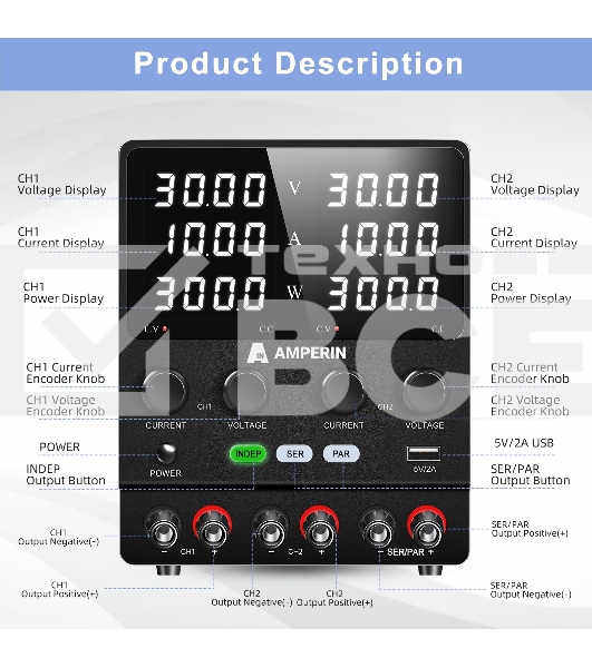 Лабораторный блок питания двухканальный Amperin AI-W3010x2C 30V, 10A, 0,6 кВт