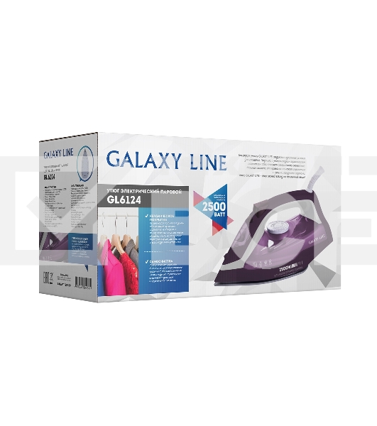 Утюг Galaxy Line GL 6124, фиолетовый с белым, паровой, 2500 Вт, постоянный пар 50 г/мин, паровой удар 230 г/мин, функции: самоочистка, антикапля, антинакипь, функция увлажнения, вертикальное отпаривание, защита от перегрева, индикатор нагрева, керамическо