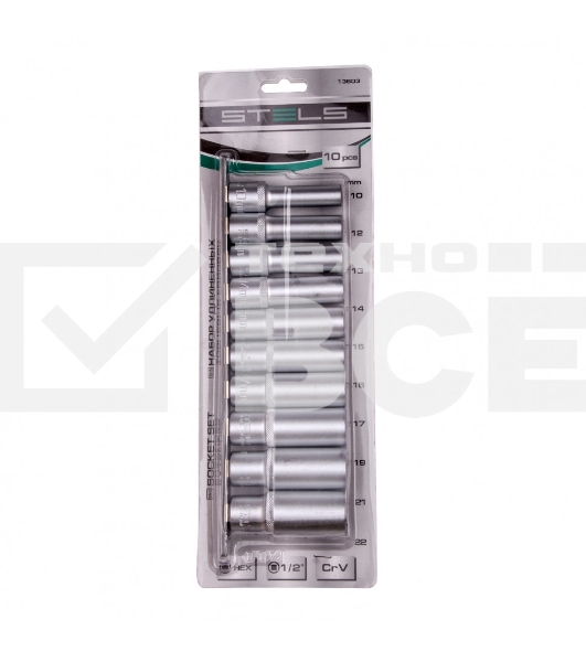 Набор удлиненных торцевых головок 1/2', 6-ти гр., CrV, 10шт., 10-22мм Stels