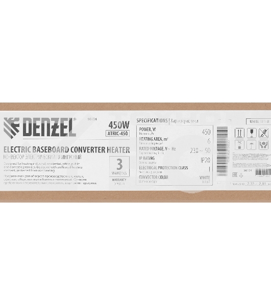 Конвектор плинтусный Denzel ATRIC-45 белый, 450 Вт, 6 м2