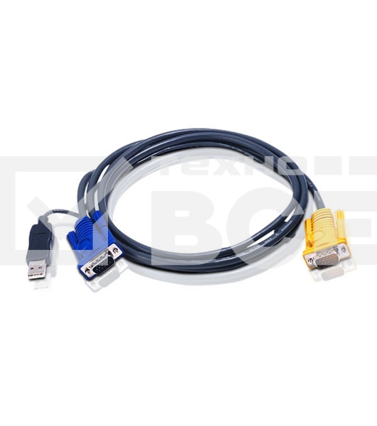 Шнур ATEN, мон+клав+мышь USB, SPHD15=>HD DB15+USB A-Тип, Male-2xMale, 8+4 проводов, опрессованный, 3 метр., черный, (с поддержкой KVM PS/2) (2L-5203UP)