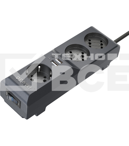 Сетевой фильтр Surge protector Pilot 3G 3xGP euro outlets, 10А/2.2кВа, 2xUSB, 7m, черный
