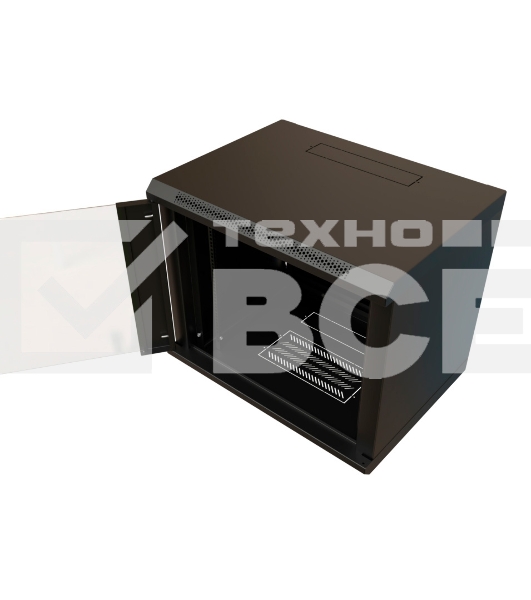 Шкаф коммутационный WRline (WR-TW-1245-GP-RAL9004) настенный 12U 600x450мм пер.дв.стекл 2 бок.пан. 60кг черный 370мм 650мм IP20 сталь