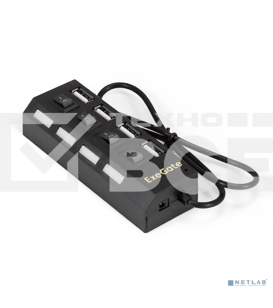 Хаб USB (концентратор) ExeGate EX293977RUS DUB-42SW (кабель-адаптер USB2.0 --> 4xUSB2.0, кнопки включения/отключения для каждого порта, Plug&Play, черный)