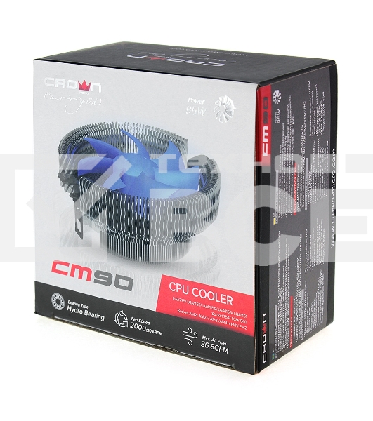 Кулер CROWN для процессора CM-90 (Для Intel и AMD,TDP до 95 Ватт,Низкая посадка радиатора,Гидродинамическии подшипник,Размер: 115*110*57 мм)