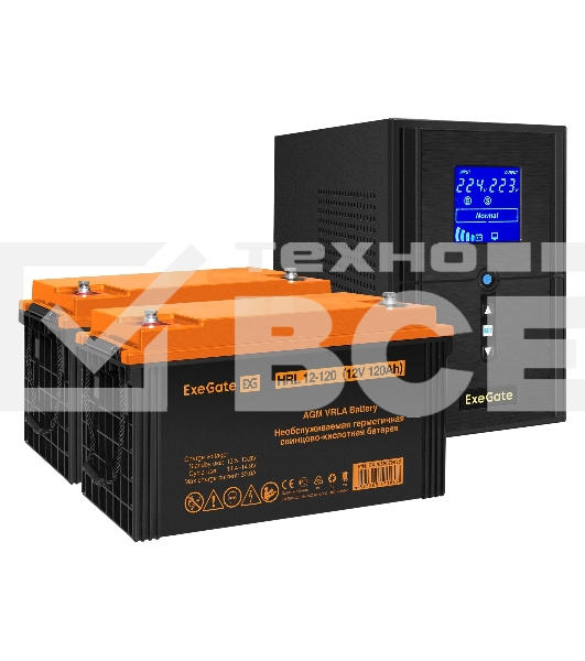 Комплект Источник бесперебойного питания EX295987RUS + батарея 120Aч EX285657RUS 2шт (инвертор, синус, для котла) ExeGate SineTower SZ-1000.LCD.AVR.2SH.1C13.USB <1000VA/800W, чистый синусоида, LCD дисплей, AVR, 2*Schuko+1*C13, USB, линейно-интерактивный, 