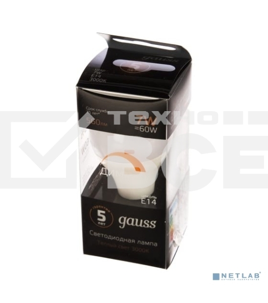 Лампа светодиодная Gauss 6.5Вт шар 3000К тепл. бел. E14 520лм 150-265В