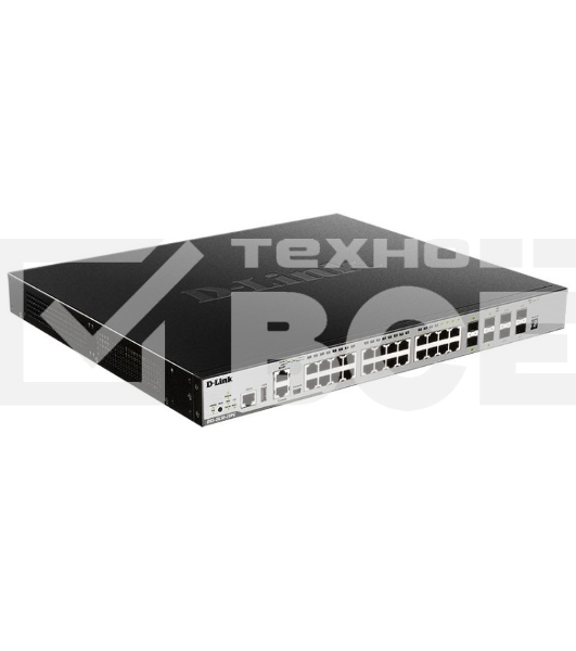 Коммутатор Managed L3 Stackable Switch 20x1000Base-T PoE, 4x10GBase-X SFP+, 4xCombo 1000Base-T PoE/SFP, PoE Budget 370W (740W with DPS-700), Surge 6KV, CLI, 1000Base-T Management, RJ45 Console, mini-USB Console, USB, RPS, Alarm RJ-45, Dying Gasp, Standard