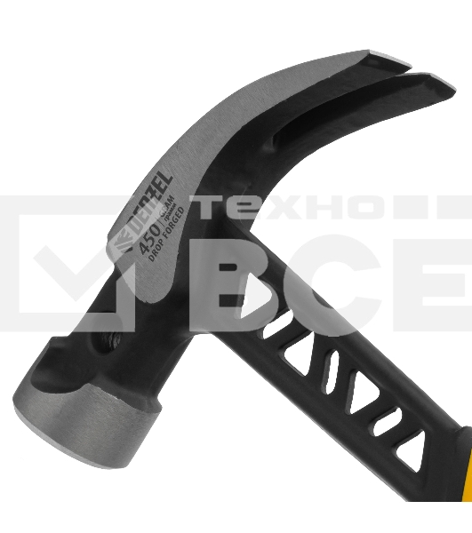 Молоток-гвоздодер Denzel 450 г, цельнокованый, боек с магнитом, двухкомп. обрезин. рук-ка