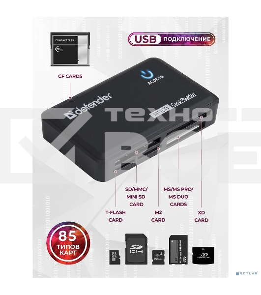 Кардридер DefenderOPTIMUS, до 4 типов карт одновременно + кабель USB 2.0 A(M) - MiniB (M) длина 1 м.
