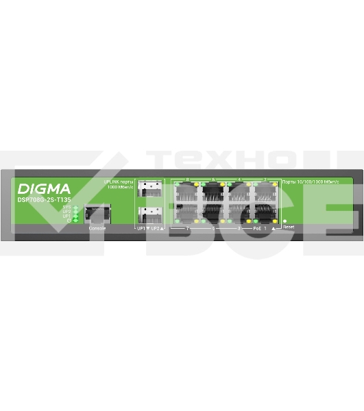 Коммутатор Digma DSP708G-2S-T135 (L2+) 8x1Гбит/с 2SFP 8PoE 8PoE+ 135W управляемый