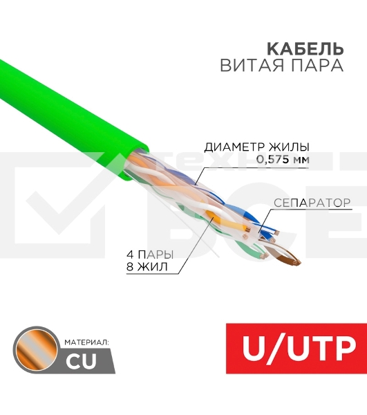 Кабель витая пара U/UTP, CAT 6, нг(А)-HFLTx, 4х2х0,575мм, 23AWG, INDOOR, SOLID, 305м Rexant