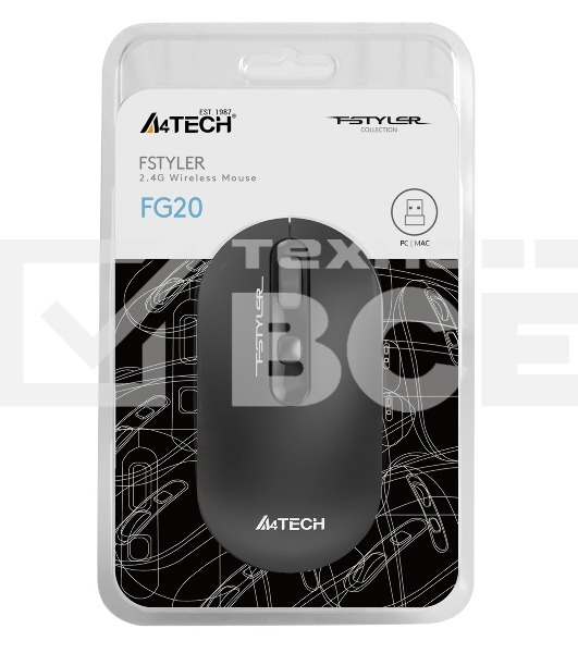Мышь беспроводная A4Tech Fstyler FG20 серый, 2000 dpi, радиоканал, USB, кнопки - 4