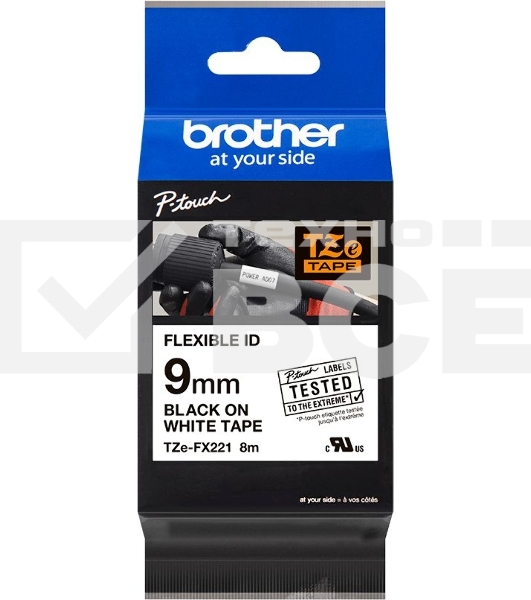 Лента для печати наклеек Brother гибкая идентификационная ламинированная TZe-FX221, шириной 9 мм, длиной 8 м, черный текст на белом фоне