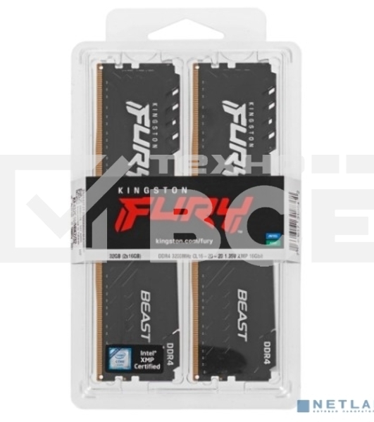 Оперативная память Kingston Fury Beast , DDR4, 32GB (2x16GB), 3200MHz, CL16, с радиатором, чёрный