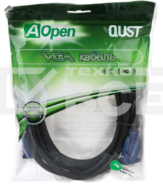Кабель VGA 3м AOpen 2 фильтра, монитор-SVGA card 15M-15M, ACG341AD-3M