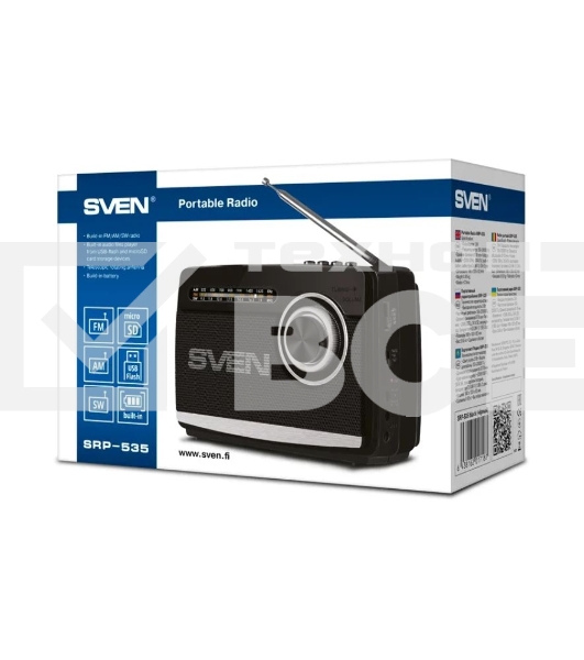 Радиоприёмник SVEN SRP-535 чёрный (3 Вт, FM/AM/SW, USB, SD/microSD, 900 мАч, 2 х D/UM, фонарь)