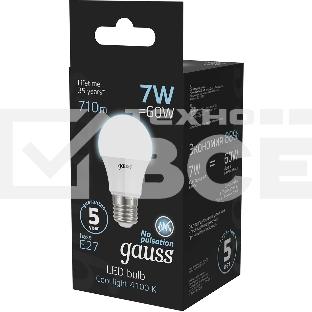 Лампа светодиодная Gauss 7Вт цок.:E27 шар 220B 4100K св.свеч.бел.ней. A60 (упак.:10шт) (102502207)