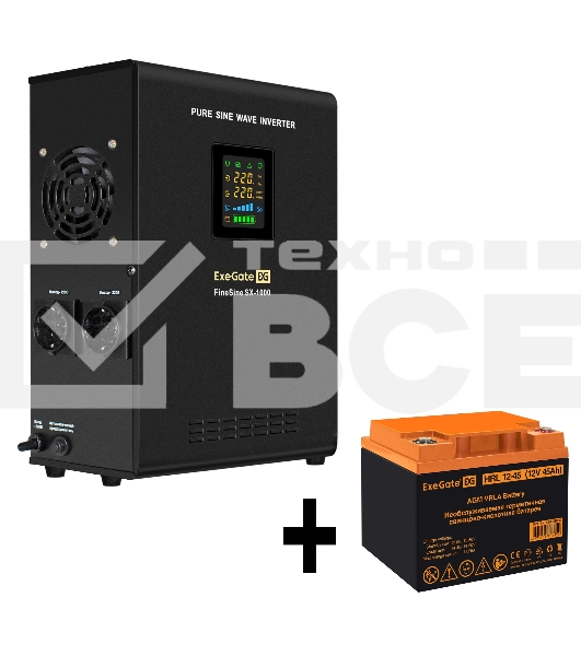 Комплект ИБП EX295997RUS + батарея 45Aч EX285666RUS 1шт (инвертор, синус, для котла, настенный) ExeGate FineSine SX-1000.LCD.AVR.2SH <1000VA/600W, чистая синусоида, цветной LCD-дисплей, AVR, 2*Schuko, линейно-интерактивный, крепление настенное/универсальн