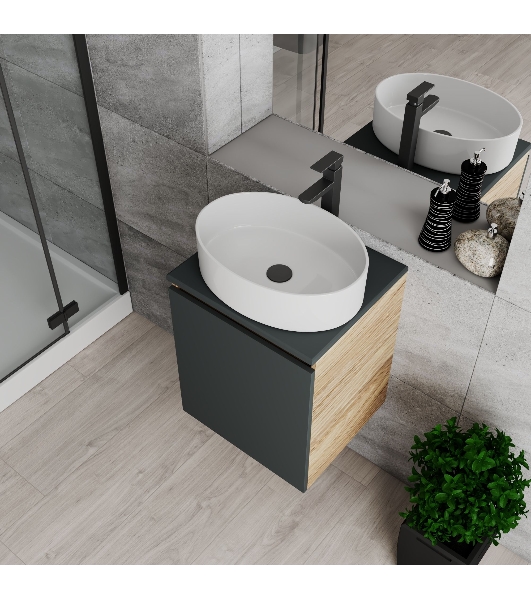 Тумба Bau Dream Blackwood 50 графит, раковина BAU Nimb 50х36, смеситель для раковины высокий Hotel Black, черный, выпуск клик клак, черный