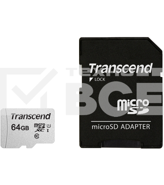 Флеш карта Micro SecureDigital 64Gb Transcend Class 10 TS64GUSD300S-A{MicroSDXC Class 10 UHS-I, SD adapter}