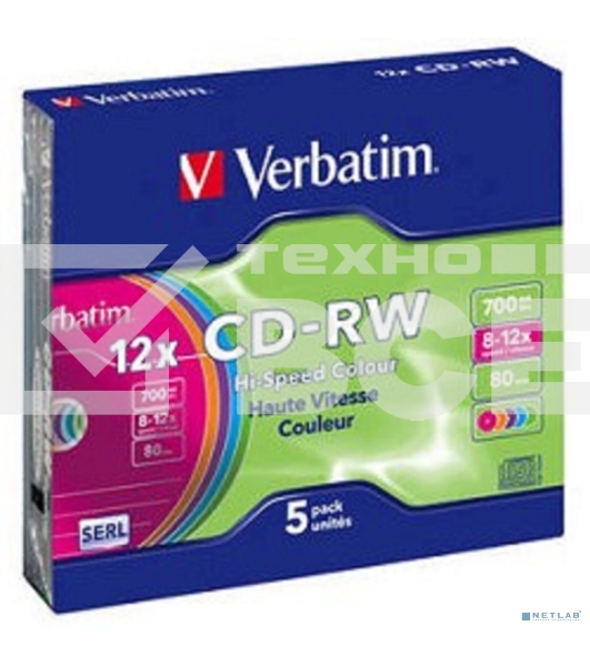 Диск CD-RW Verbatim 700Mb 12x Slim case (5шт) Color (43167)