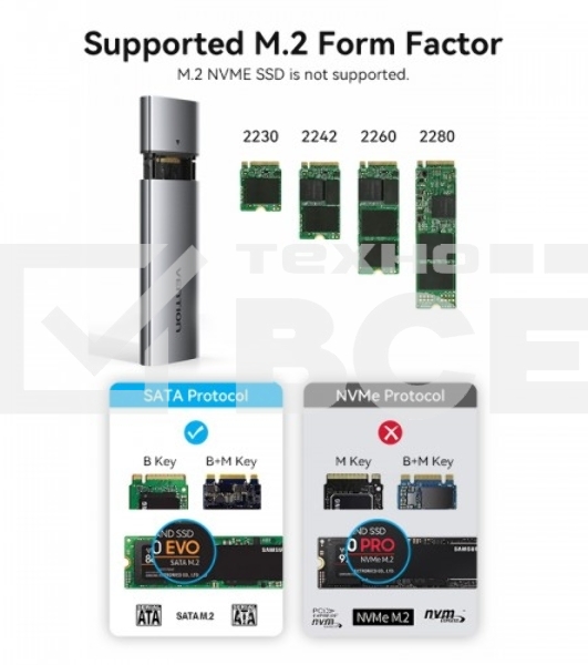 Корпус для SSD Vention USB 3.1 Gen 2-C M.2 NGFF (B-Key/B&M Key) Серый
