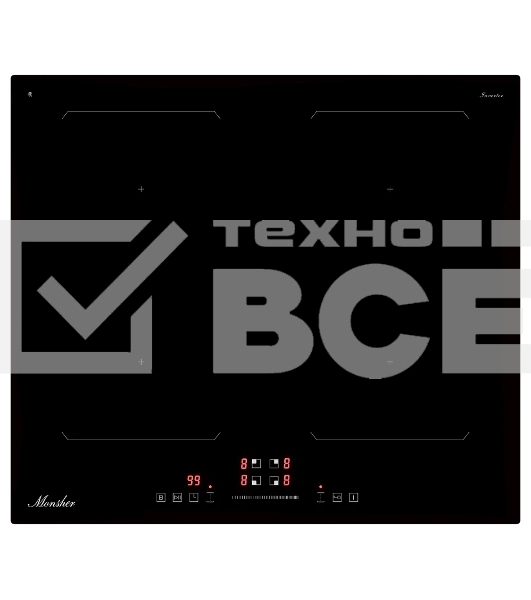 Варочная поверхность MONSHER MHI 6026, 60 см, индукция, High-Tech, inverter, 9 уровней мощности, бустер, Stop and Go, автоматическое отключение, таймер, индикатор остаточного тепла, сенсорное/слайдерное управление, цвет черный