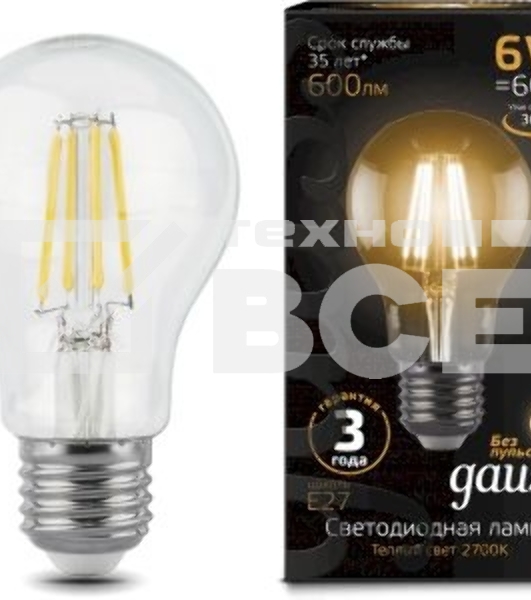 Лампа филам. Gauss 6Вт цок.:E27 шар 220B 2700K св.свеч.бел.теп. A60 (упак.:10шт) (102802106)