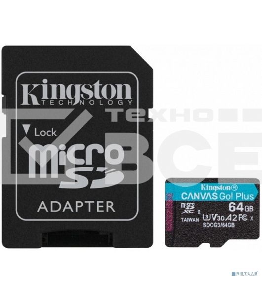 Флеш карта Kingston 64GB microSDXC Canvas Go Plus 170R A2 U3 V30 Card + ADP EAN: 740617301045