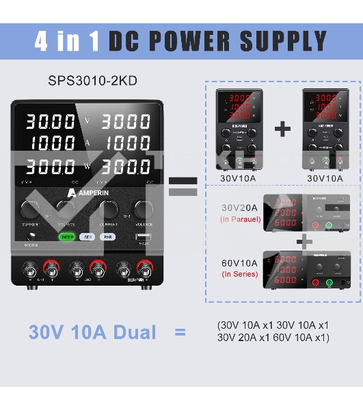 Лабораторный блок питания двухканальный Amperin AI-W3010x2C 30V, 10A, 0,6 кВт
