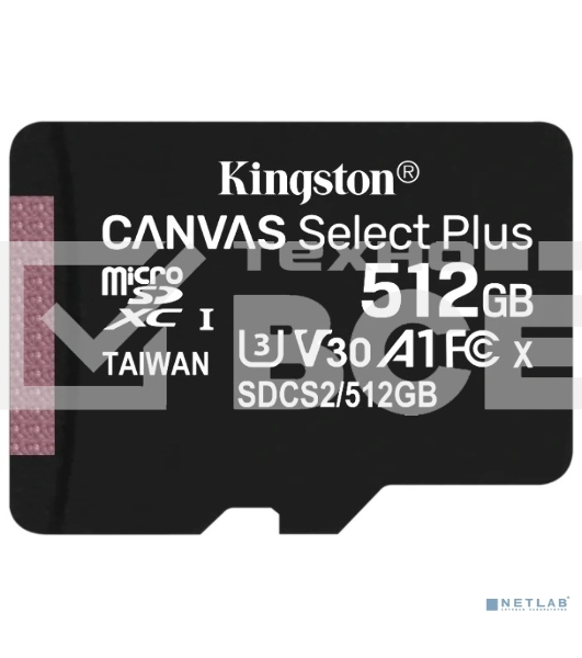 Флеш карта microSDHC 512GB microSDXC Class10 Kingston <SDCS2/512GBSP> UHS-I Canvas Select up to 100MB/s без адапт