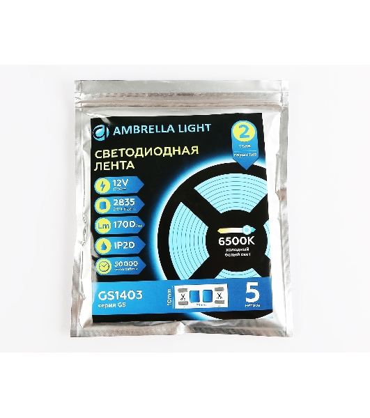Светодиодная лента Ambrella light GS1403 2835 240Led/ 17W m/ 12V IP20 6500K/ 5000*10*1.2mm (2 конт.)