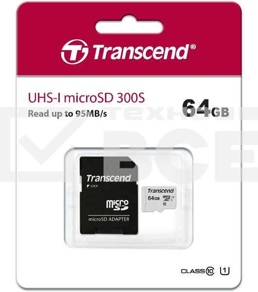Флеш карта Micro SecureDigital 64Gb Transcend Class 10 TS64GUSD300S-A{MicroSDXC Class 10 UHS-I, SD adapter}