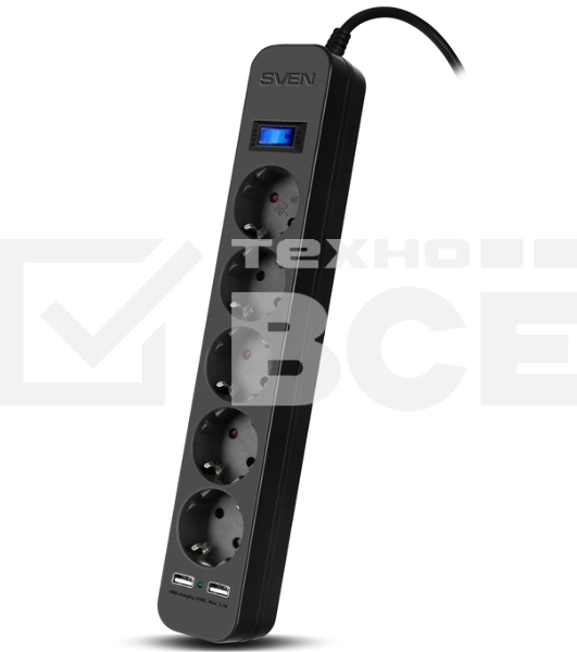 Фильтр SVEN SF-05LU 3.0 м (5 евро розеток,2*USB(2,4А)) черный, цветная коробка Surge protector SVEN SF-05LU 3.0 м (5 евро розеток,2*USB(2,4А)) черный, цветная коробка