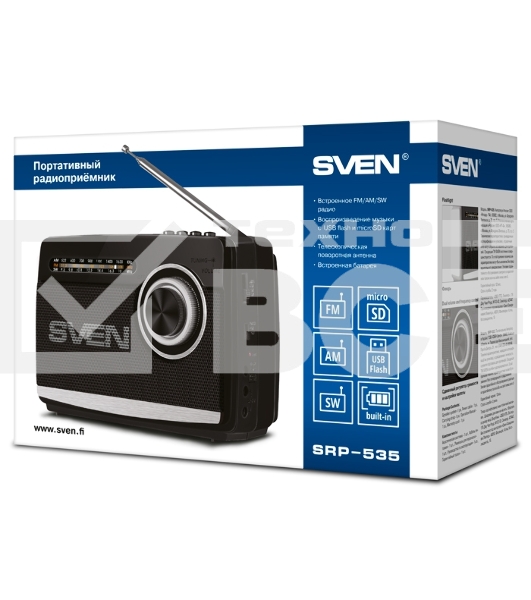 Радиоприёмник SVEN SRP-535 чёрный (3 Вт, FM/AM/SW, USB, SD/microSD, 900 мАч, 2 х D/UM, фонарь)
