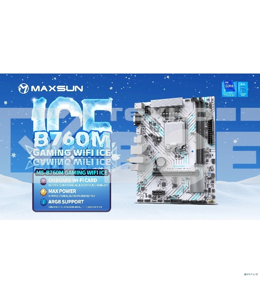 Материнская плата MAXSUN MS-B760M GAMING WIFI ICE (Socket 1700, mATX, 2*DDR4(64Gb), VGA/HDMI, 3*SATA3, 1*M.2, 1*PCIEx16/1*PCIEx1, 2*USB2.0, 4*USB 3.2, LAN 1*1G, Bluetooth, Wi-Fi 802.11ac, ARGB, white, RTL)