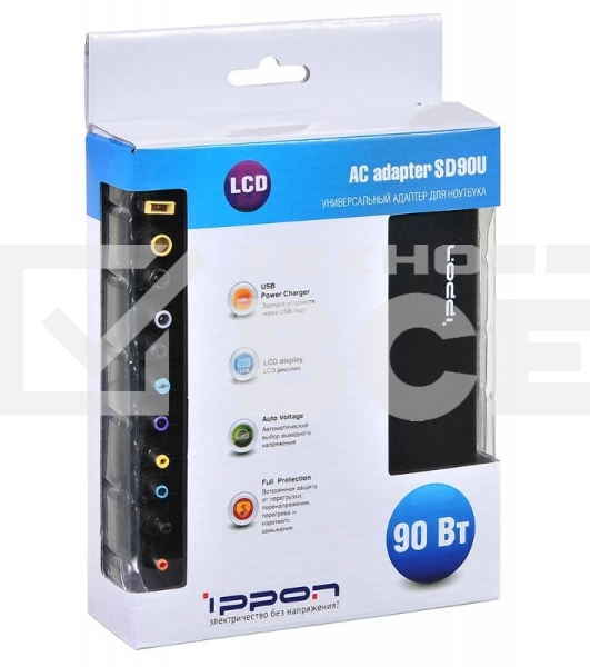 Блок питания Ippon SD90U автоматический 90W 15V-19.5V 10-connectors 1xUSB 2.1A от бытовой электросети LСD индикатор