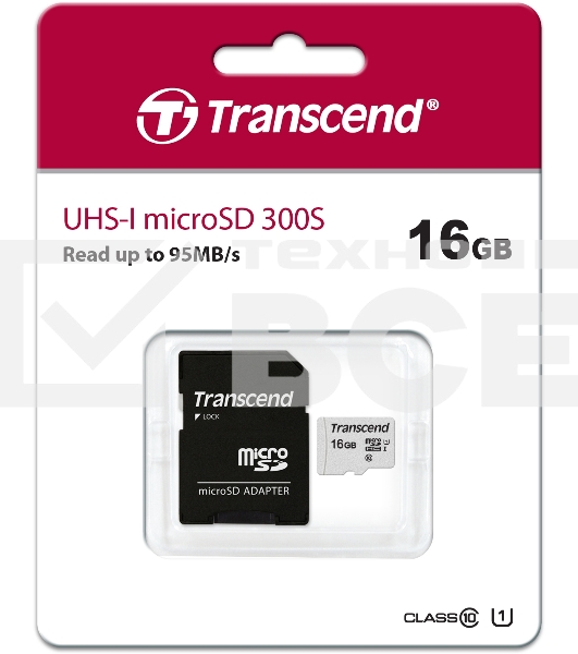 Флеш карта Micro SecureDigital 16Gb TranscendTS16GUSD300S-A{MicroSDHC Class 10 UHS-I, SD adapter}