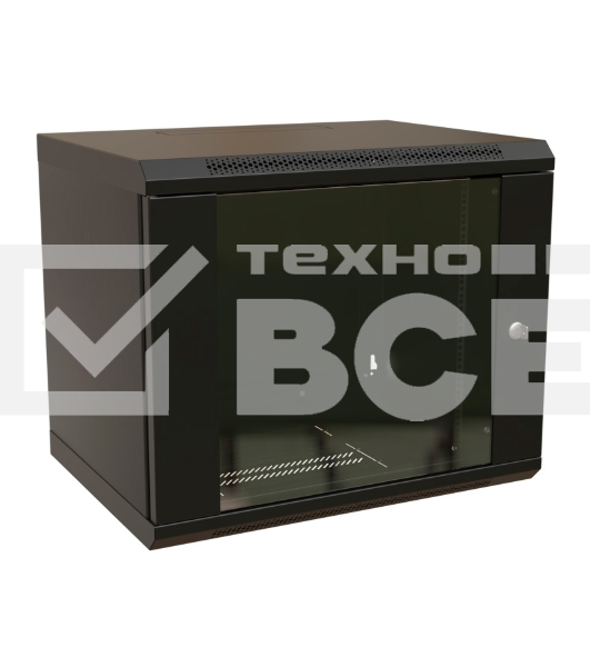 Шкаф коммутационный WRline (WR-TW-1266-GP-RAL9004) настенный 12U 600x600мм пер.дв.стекл 2 бок.пан. 60кг черный 520мм 650мм IP20 сталь