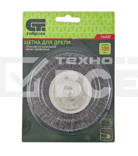 Щетка для дрели Сибртех 100 мм, плоская со шпилькой, витая проволока 0,3 мм