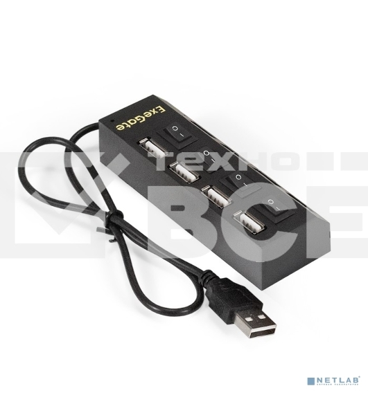 Хаб USB (концентратор) ExeGate EX293977RUS DUB-42SW (кабель-адаптер USB2.0 --> 4xUSB2.0, кнопки включения/отключения для каждого порта, Plug&Play, черный)