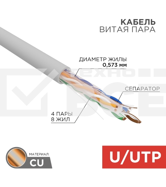 Кабель витая пара Rexant U/UTP, CAT 6A, ZH нг(А)-HF (LSZH), 4х2х0,57 мм, 23AWG, INDOOR, SOLID, серый, 305м PRO