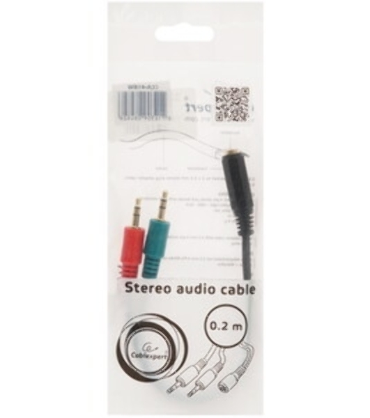 Кабель аудио Cablexpert CCAB-02-35MYHM-0.2MB. 3.5 Jack 4pin(M)/2х 3.5 Jack(F) наушники и микрофон, черный, 0.2м, блистер
