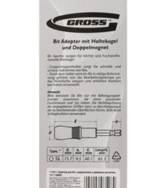 Адаптер для бит Gross 11342 с держателем и двойным магнитом, 1/4'