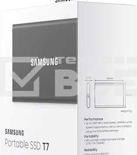 Внешний SSD Samsung T7, 2TB, USB 3.2 Gen 2 Type-C, R/W 1050/1000, титан