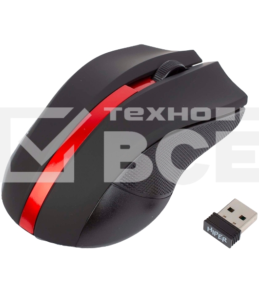 Мышь беспроводная HIPER HOMW-073 черный/красный, 1000 dpi, радиоканал, USB, кнопки - 3