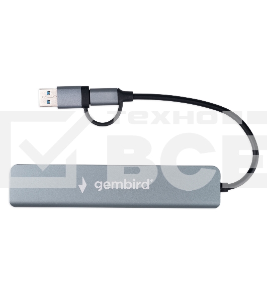 Разветвитель USB3.0/2.0 Gembird UHB-C445, USB3.0, 4хUSB2.0, Type-C, с доп.питанием (порт Type-C), кабель Type-C/USB 17см, алюминий, коробка